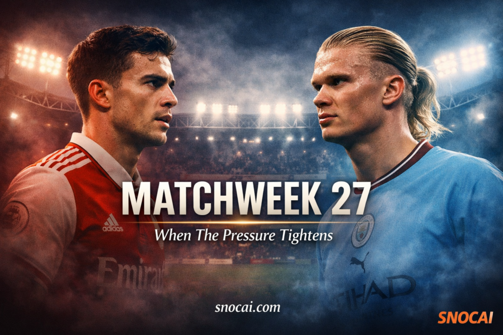 Premier League Matchweek 27 featured image showing title race tension between Arsenal and Manchester City before a decisive weekend.