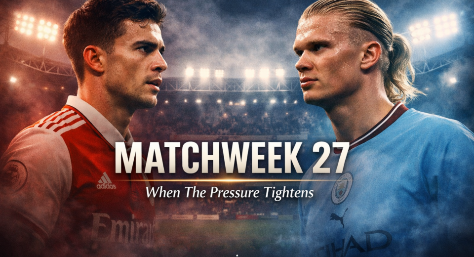 Premier League Matchweek 27 featured image showing title race tension between Arsenal and Manchester City before a decisive weekend.