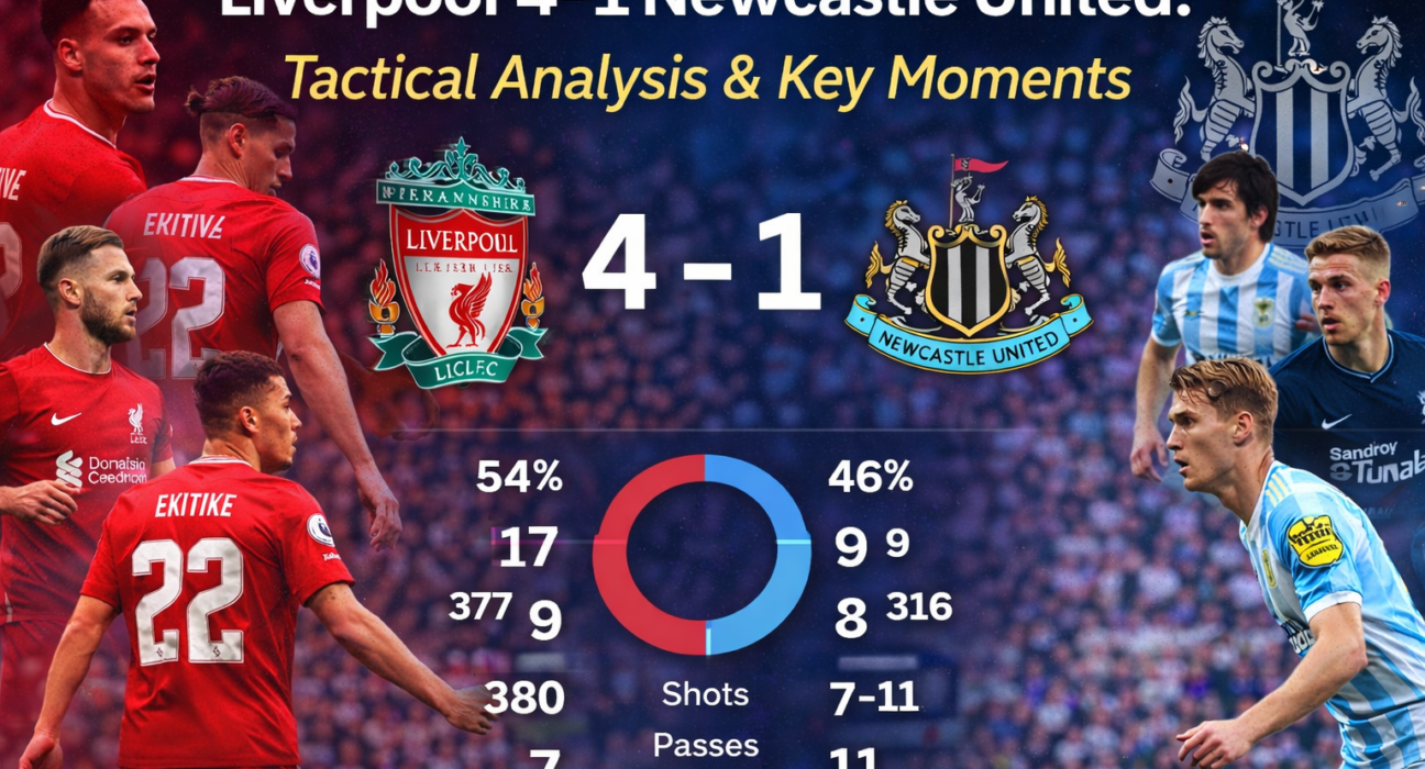 Liverpool vs Newcastle match analysis graphic showing 4–1 result
