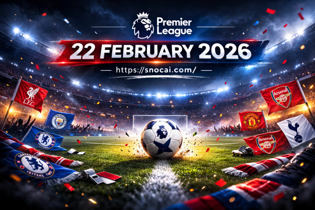 Premier League 22 February 2026 matchday graphic featuring stadium lights, football pitch atmosphere and snocai.com branding.