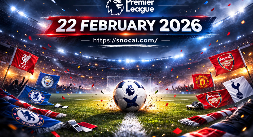 Premier League 22 February 2026 matchday graphic featuring stadium lights, football pitch atmosphere and snocai.com branding.