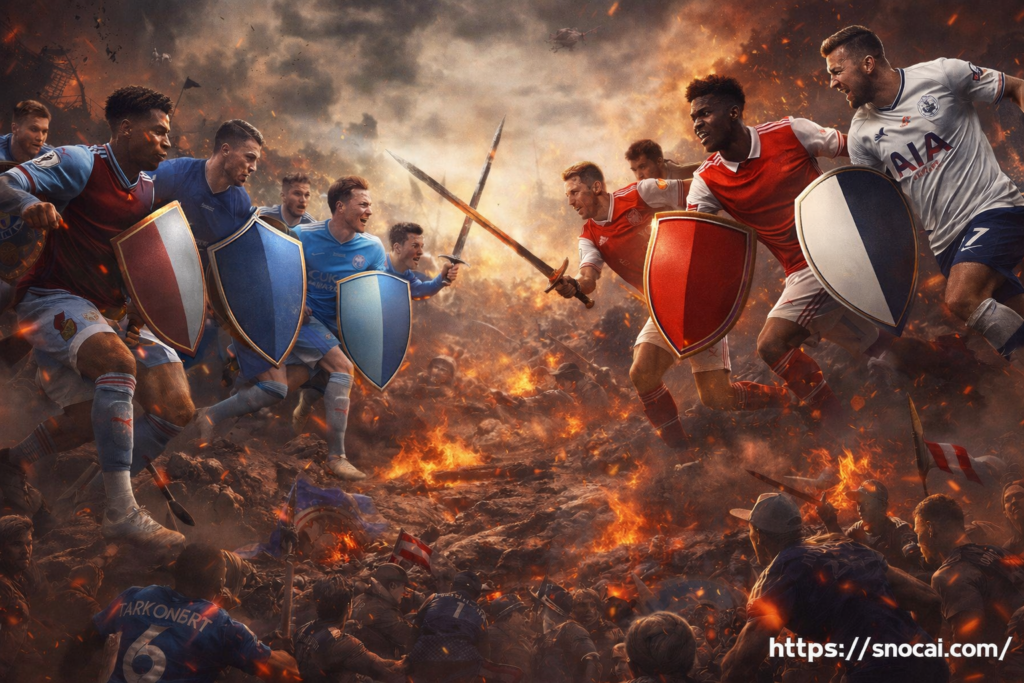 Epic battle-themed illustration representing Premier League Matchweek 27 fixtures, 21–23 February 2026, featuring dramatic football rivalry atmosphere – https://snocai.com/
