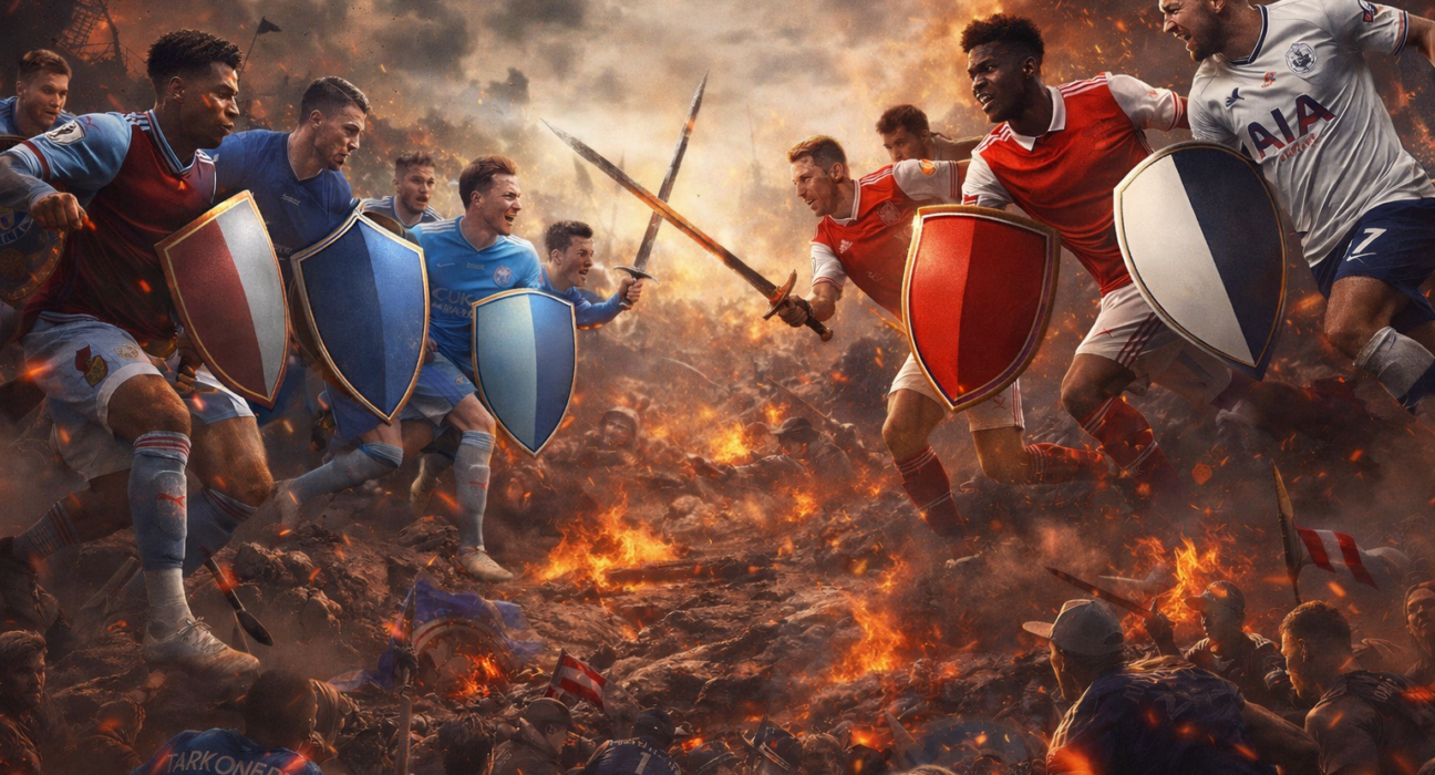 Epic battle-themed illustration representing Premier League Matchweek 27 fixtures, 21–23 February 2026, featuring dramatic football rivalry atmosphere – https://snocai.com/