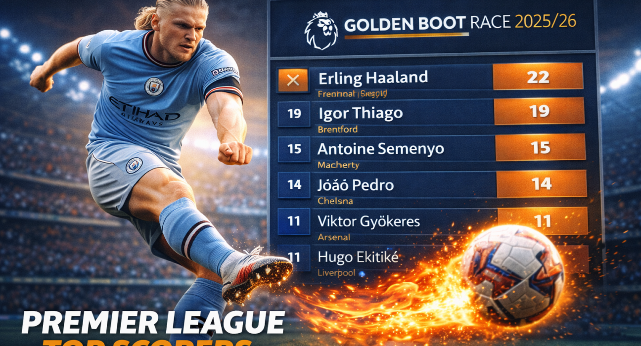 Erling Haaland Golden Boot race 2025/26 Premier League top scorers graphic