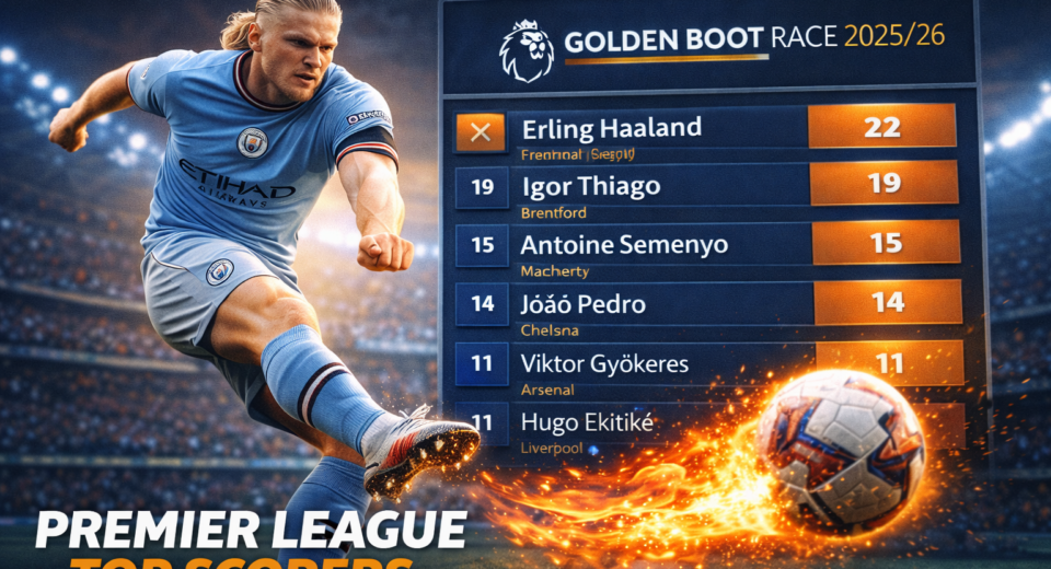 Erling Haaland Golden Boot race 2025/26 Premier League top scorers graphic