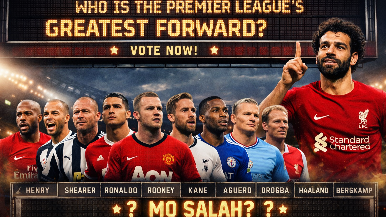 Is Mohamed Salah the greatest Premier League forward? Salah vs Henry Ronaldo Shearer debate graphic